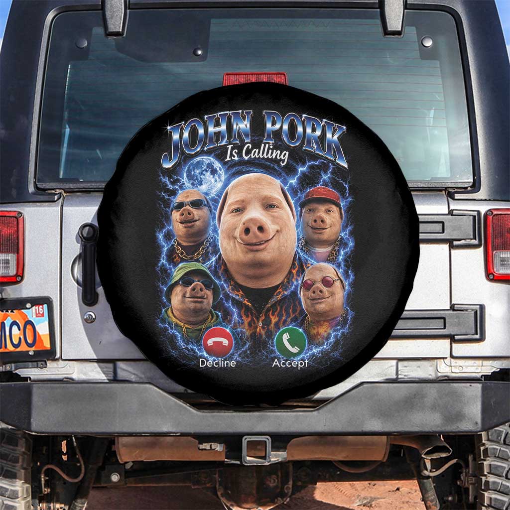 John Pork Calling Spare Tire Cover Funny Answer Call Phone Brainrot Meme Vintage Bootleg Graphic