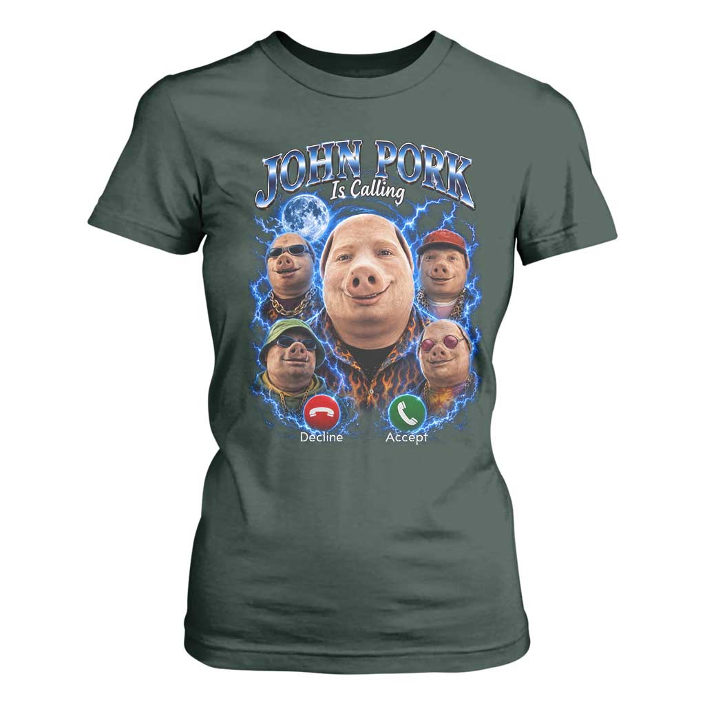 John Pork Calling T Shirt For Women Funny Answer Call Phone Brainrot Meme Vintage Bootleg Graphic