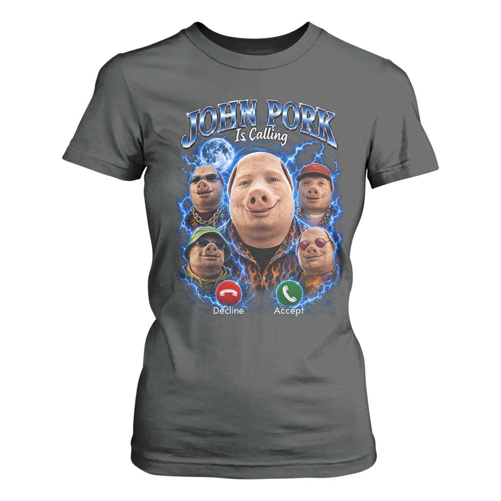 John Pork Calling T Shirt For Women Funny Answer Call Phone Brainrot Meme Vintage Bootleg Graphic