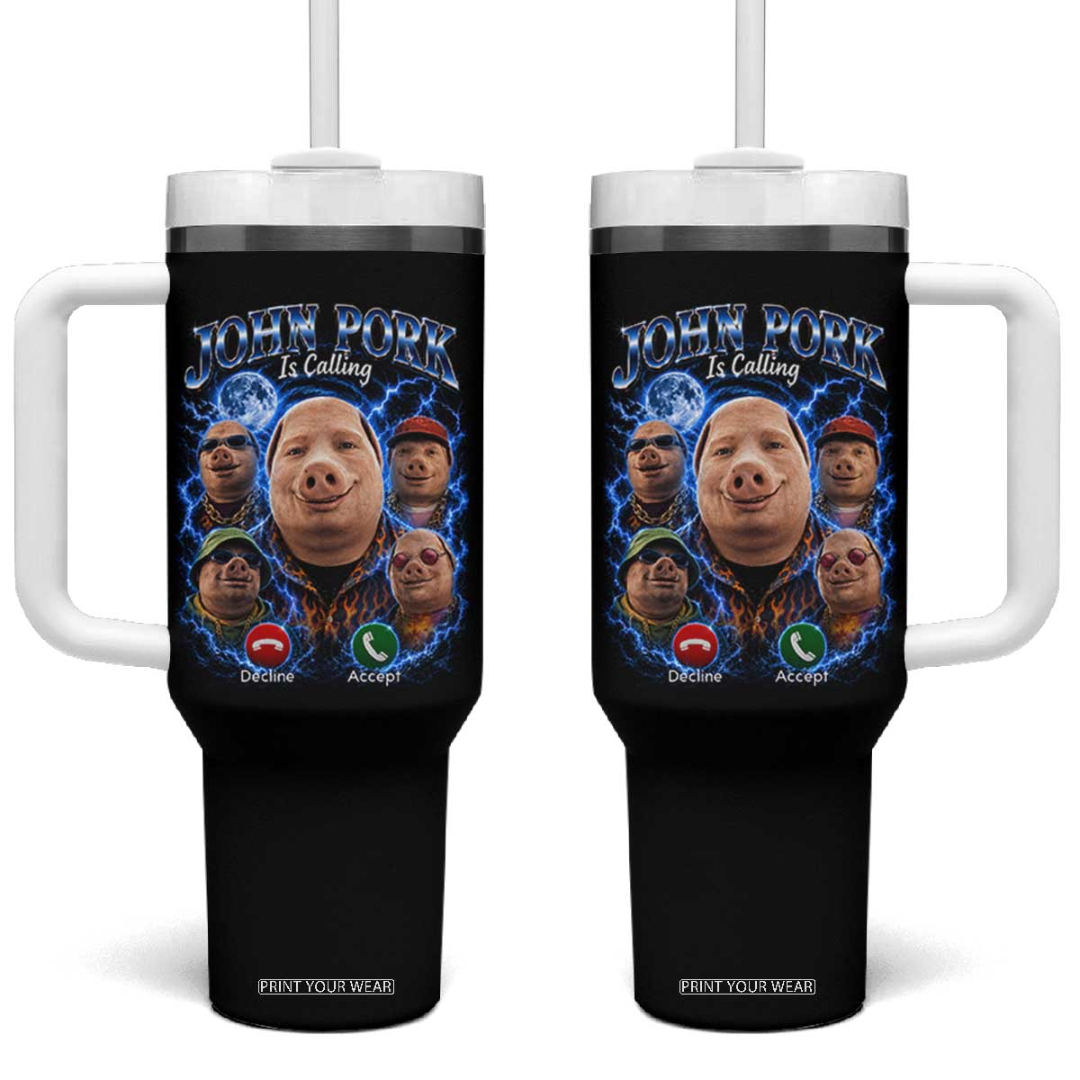 John Pork Calling Tumbler With Handle Funny Answer Call Phone Brainrot Meme Vintage Bootleg Graphic TS10 One Size: 40 oz Black Print Your Wear
