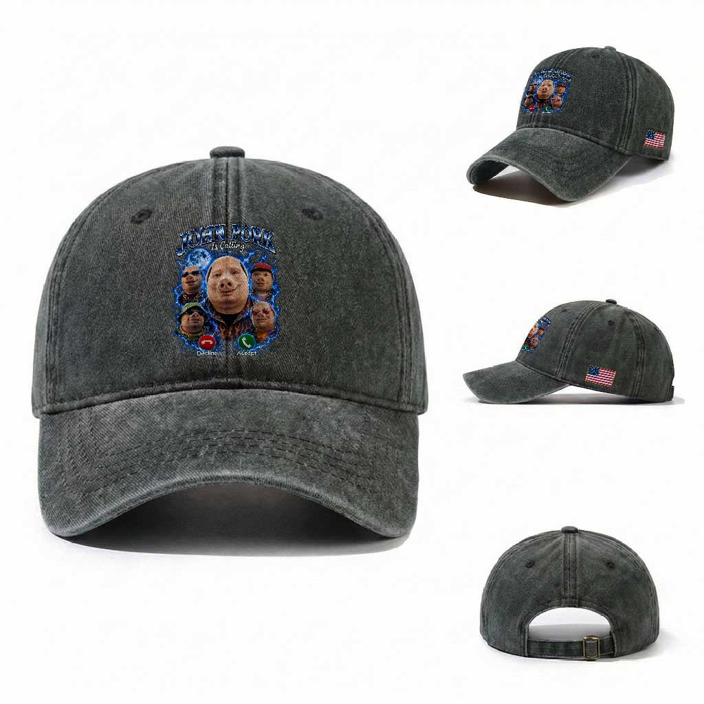 John Pork Calling Washed Cotton Baseball Cap Funny Answer Call Phone Brainrot Meme Vintage Bootleg Graphic
