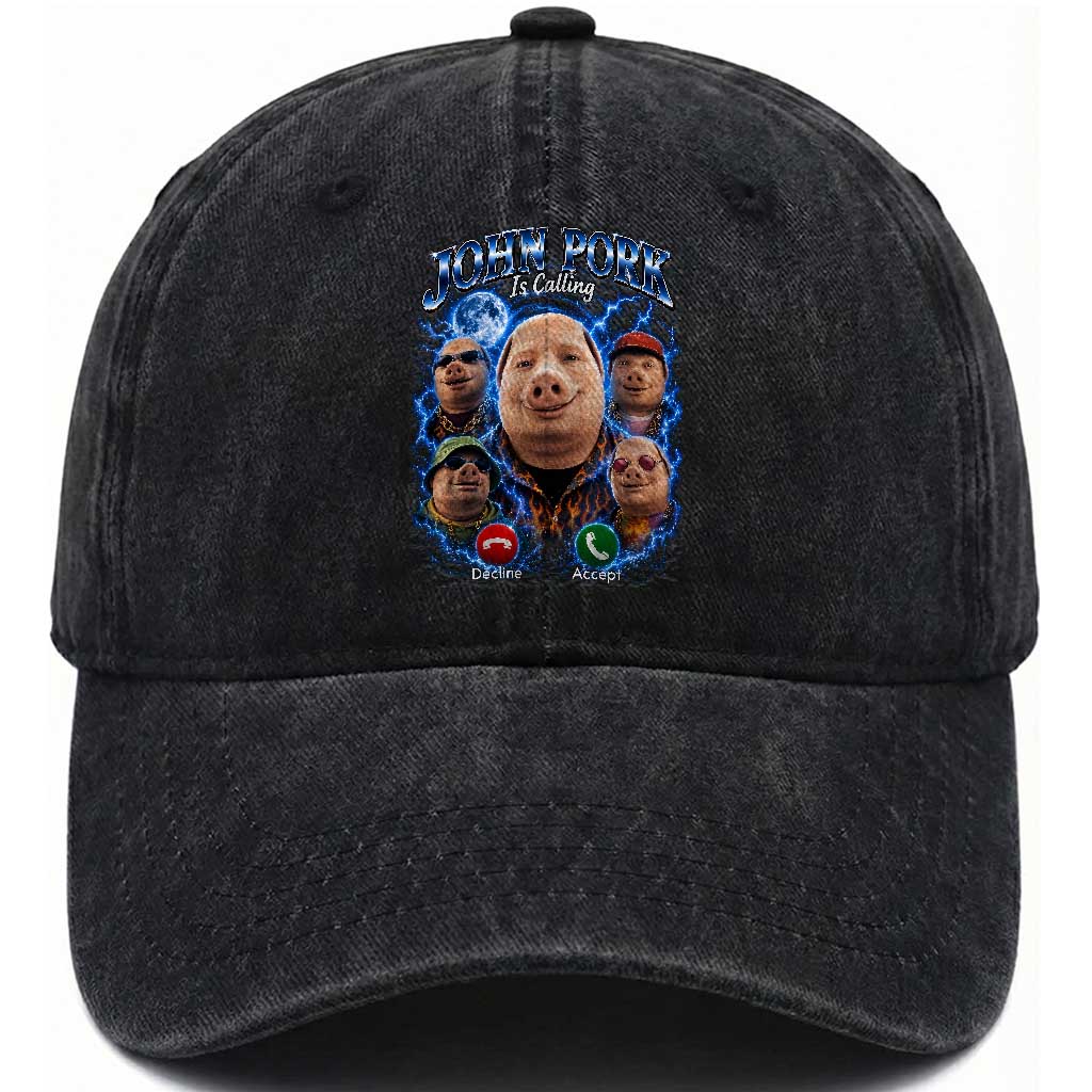 John Pork Calling Washed Cotton Baseball Cap Funny Answer Call Phone Brainrot Meme Vintage Bootleg Graphic TS10 Print Your Wear