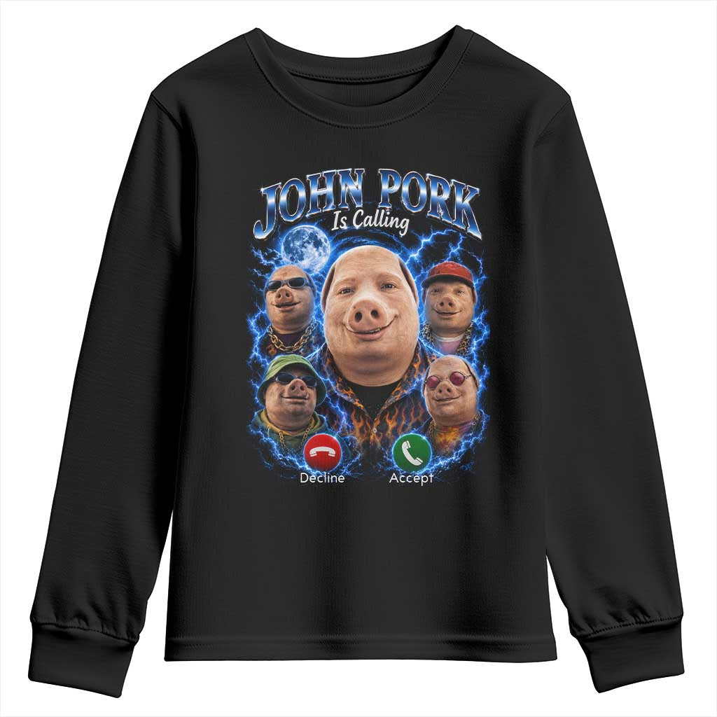 John Pork Calling Youth Sweatshirt Funny Answer Call Phone Brainrot Meme Vintage Bootleg Graphic