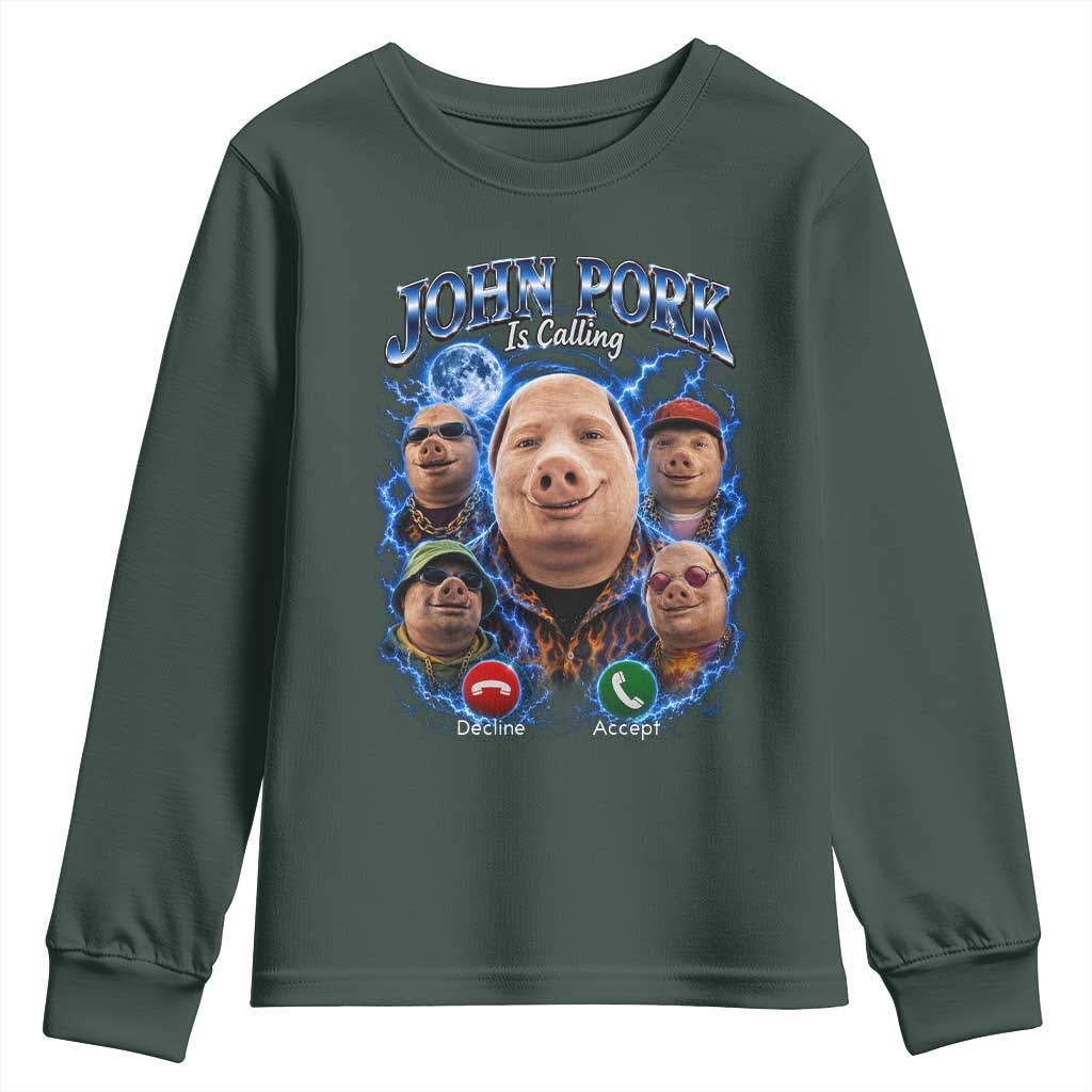 John Pork Calling Youth Sweatshirt Funny Answer Call Phone Brainrot Meme Vintage Bootleg Graphic