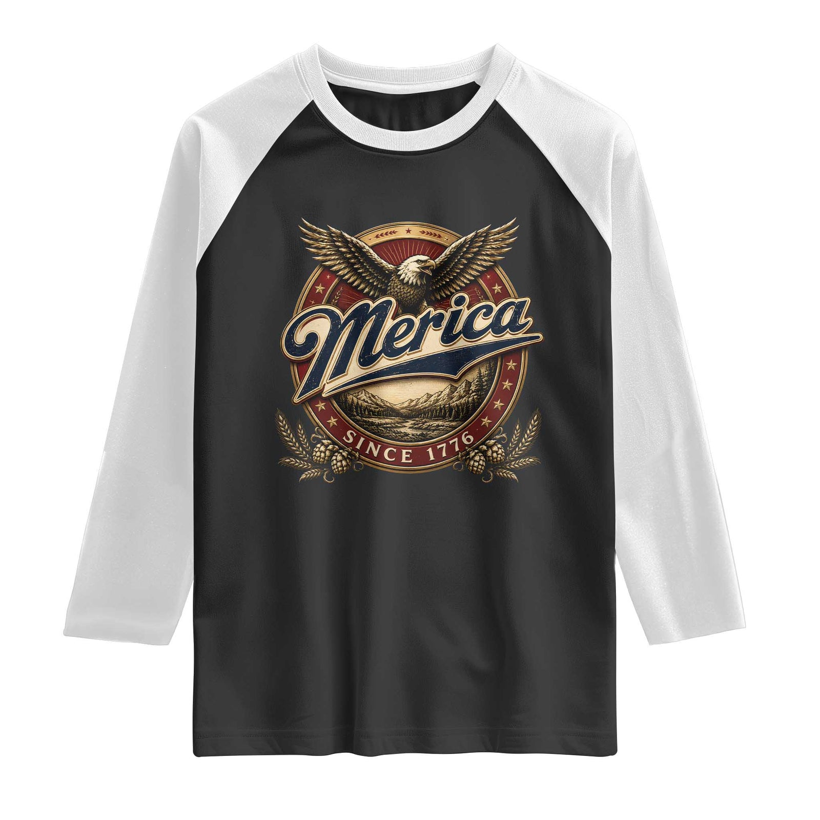 Retro Merica Eagle 4th Of July Raglan Shirt Vintage 1776 Independence Day TS10 Black White Print Your Wear