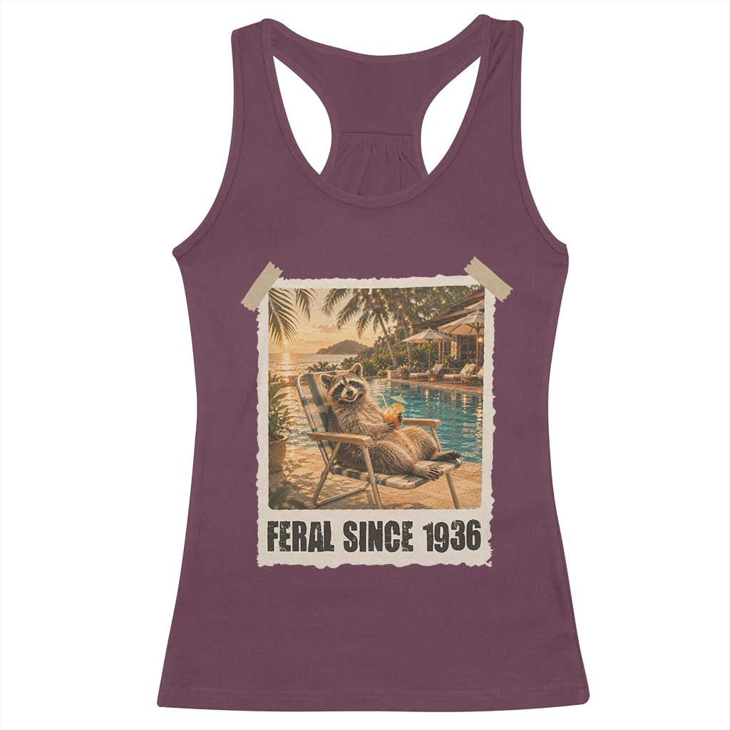 Funny Raccoon Feral Since 1936 90th Birthday Racerback Tank Top Vintage 90 Year Old Gift