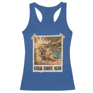 Funny Raccoon Feral Since 1936 90th Birthday Racerback Tank Top Vintage 90 Year Old Gift