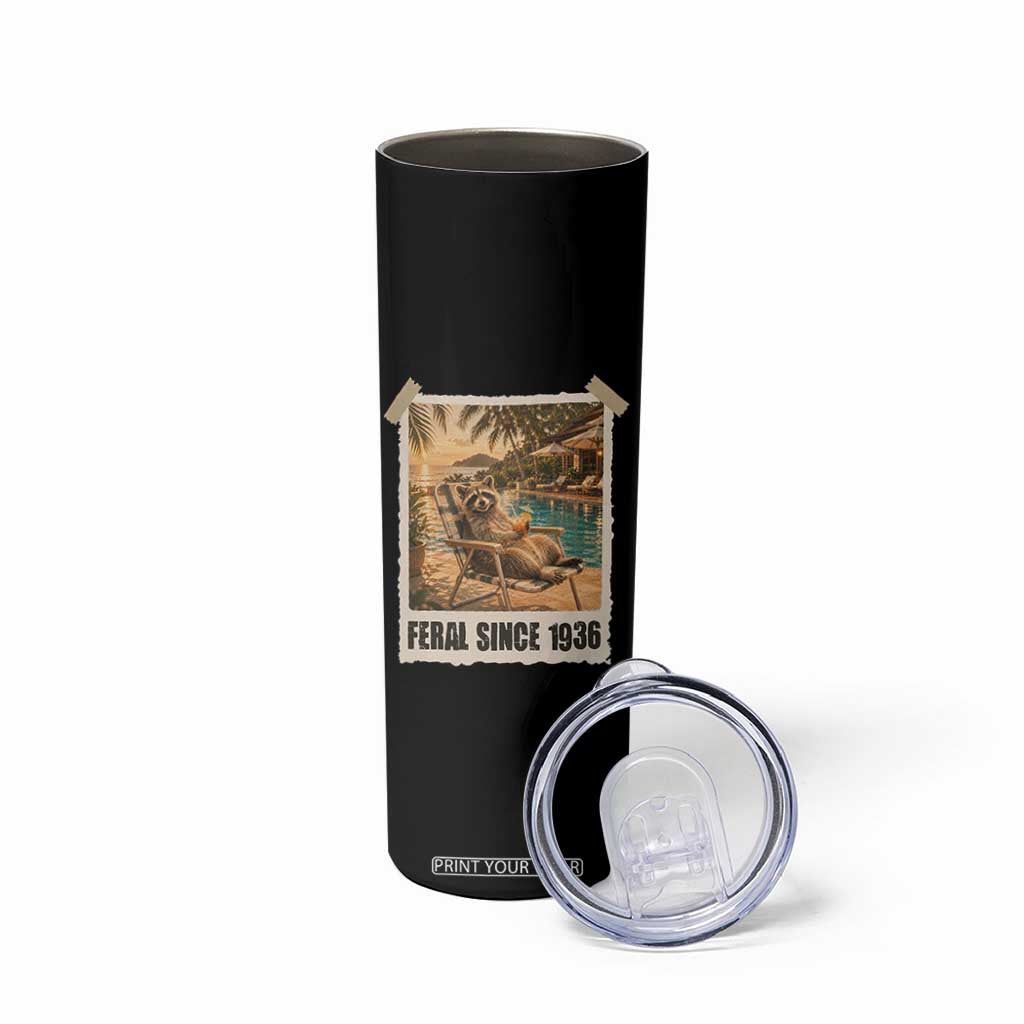 Funny Raccoon Feral Since 1936 90th Birthday Skinny Tumbler Vintage 90 Year Old Gift