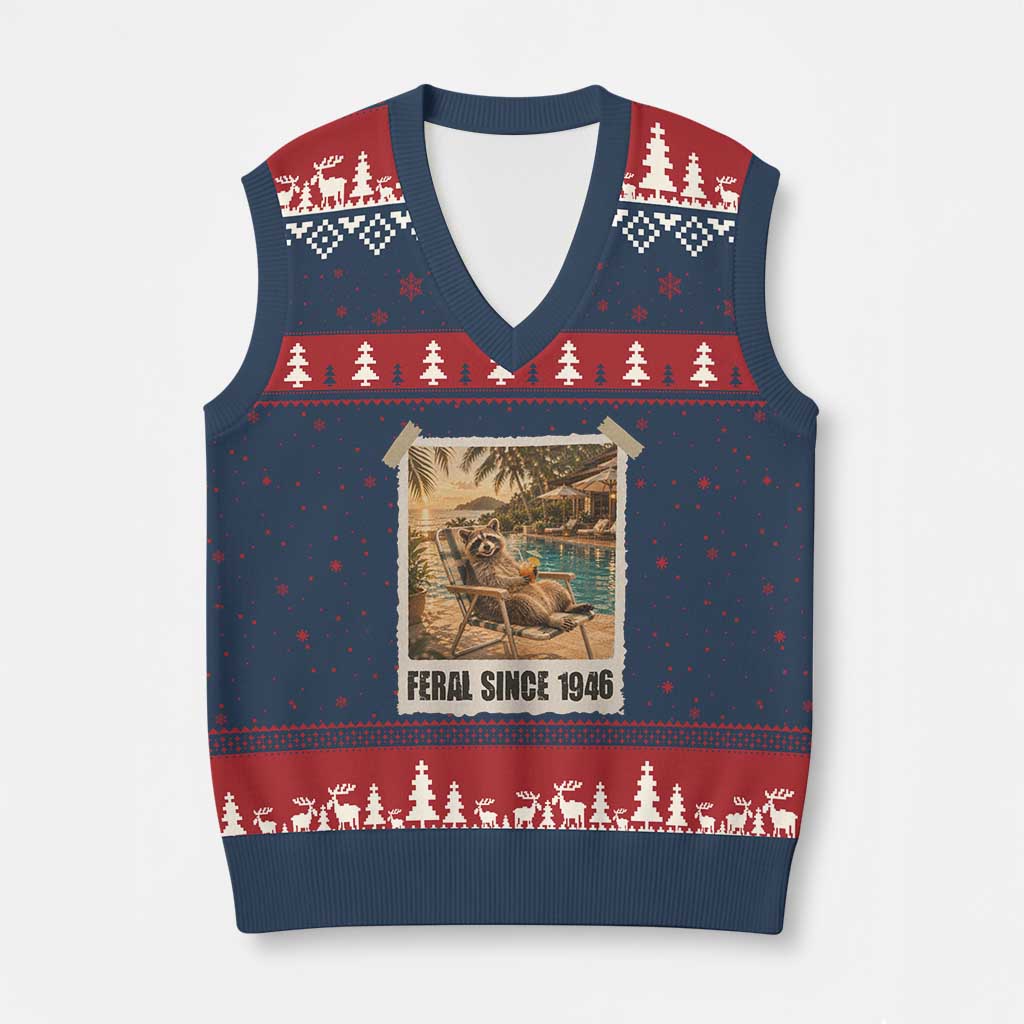 Funny Raccoon Feral Since 1946 80th Birthday V-Neck Knit Sweater Vest Vintage 80 Year Old Gift TS10 Navy Red Print Your Wear