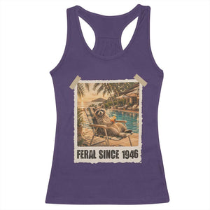 Funny Raccoon Feral Since 1946 80th Birthday Racerback Tank Top Vintage 80 Year Old Gift