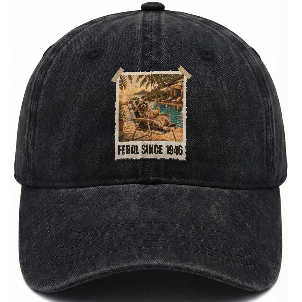 Funny Raccoon Feral Since 1946 80th Birthday Washed Cotton Baseball Cap Vintage 80 Year Old Gift TS10 Print Your Wear