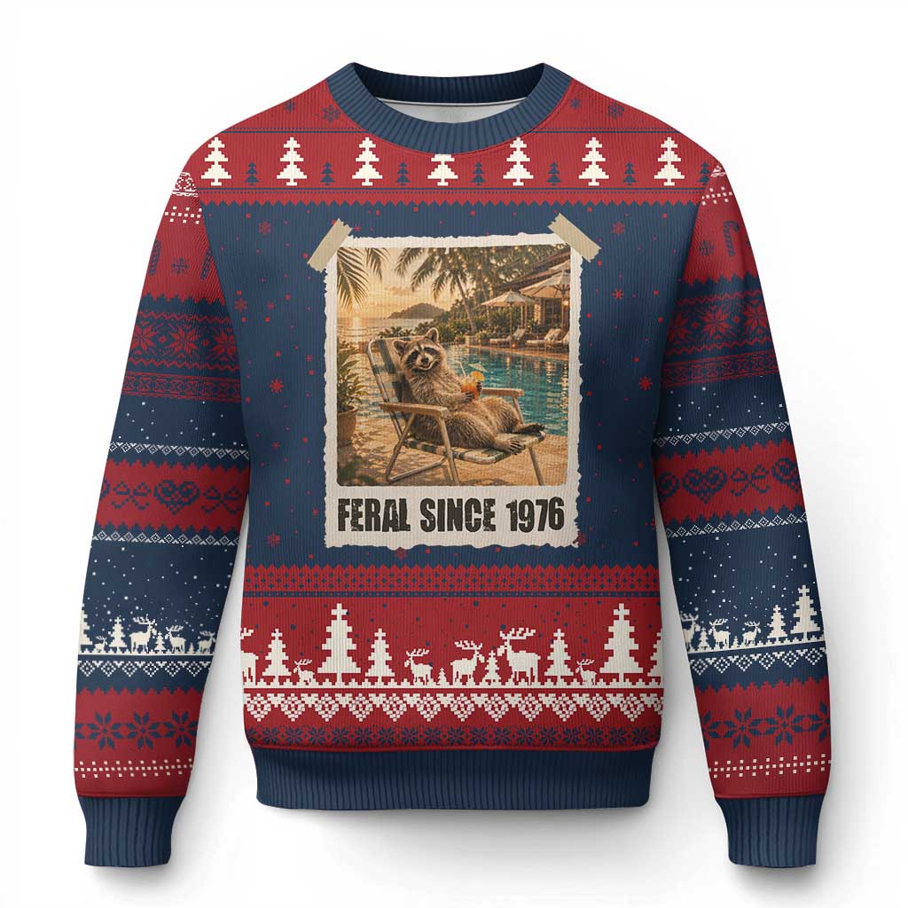Funny Raccoon Feral Since 1976 50th Birthday Ugly Christmas Sweater Vintage 50 Year Old Gift TS10 Navy Red Print Your Wear