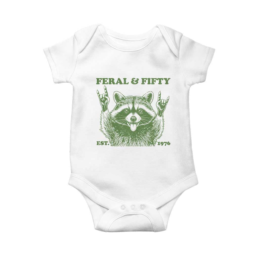Raccoon 50th Birthday Baby Onesie Funny Feral And Fifty Vintage 1976 50 Year Old Gift TS10 White Print Your Wear