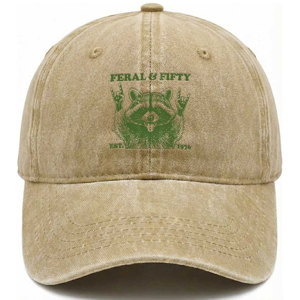 Raccoon 50th Birthday Washed Cotton Baseball Cap Funny Feral And Fifty Vintage 1976 50 Year Old Gift