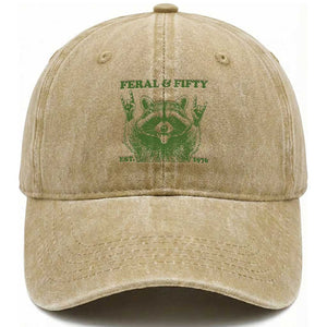 Raccoon 50th Birthday Washed Cotton Baseball Cap Funny Feral And Fifty Vintage 1976 50 Year Old Gift