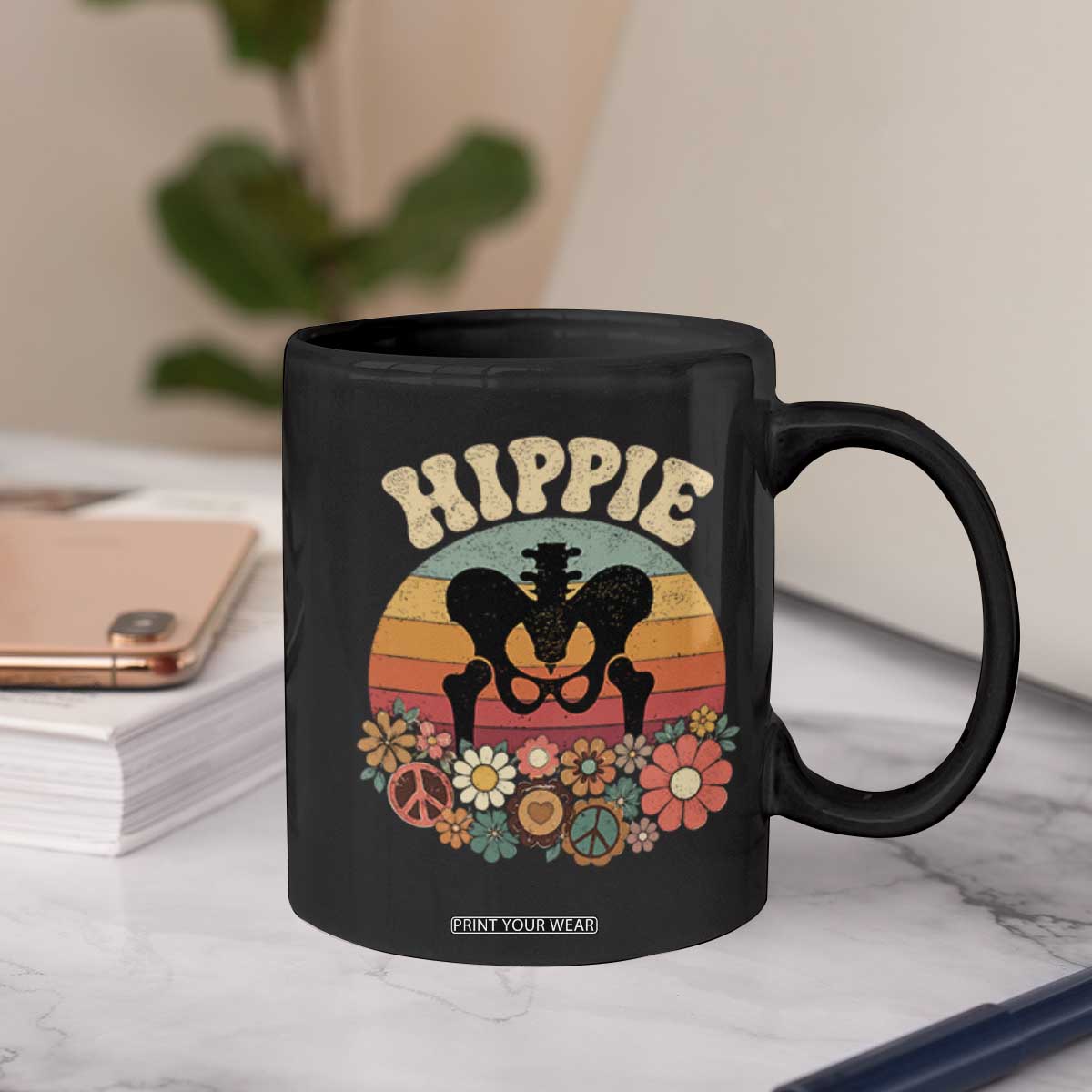 Hip Replacement Recovery Coffee Mug Hippie 70s Retro Sunset Floral Anatomy Graphic