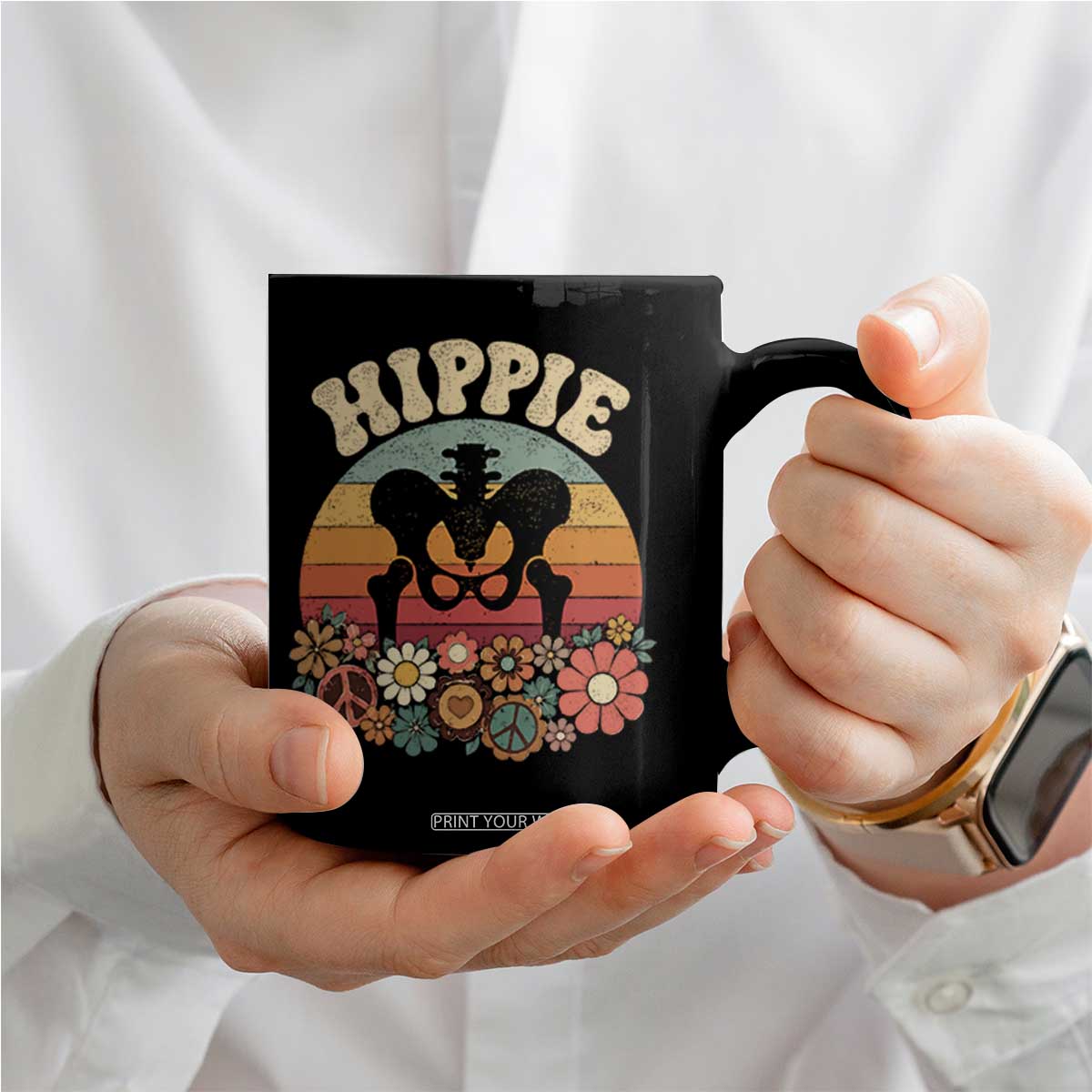 Hip Replacement Recovery Coffee Mug Hippie 70s Retro Sunset Floral Anatomy Graphic