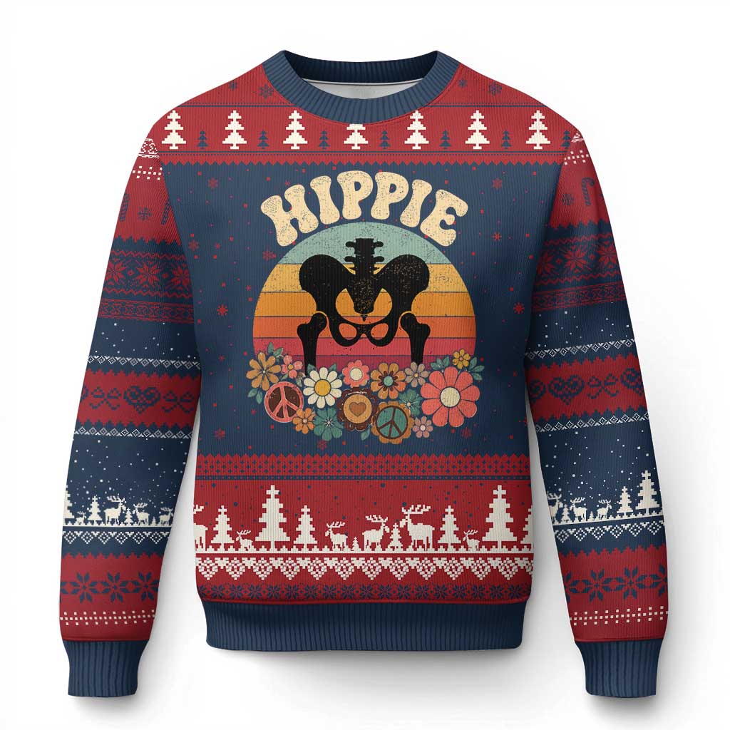 Hip Replacement Recovery Ugly Christmas Sweater Hippie 70s Retro Sunset Floral Anatomy Graphic TS10 Navy Red Print Your Wear