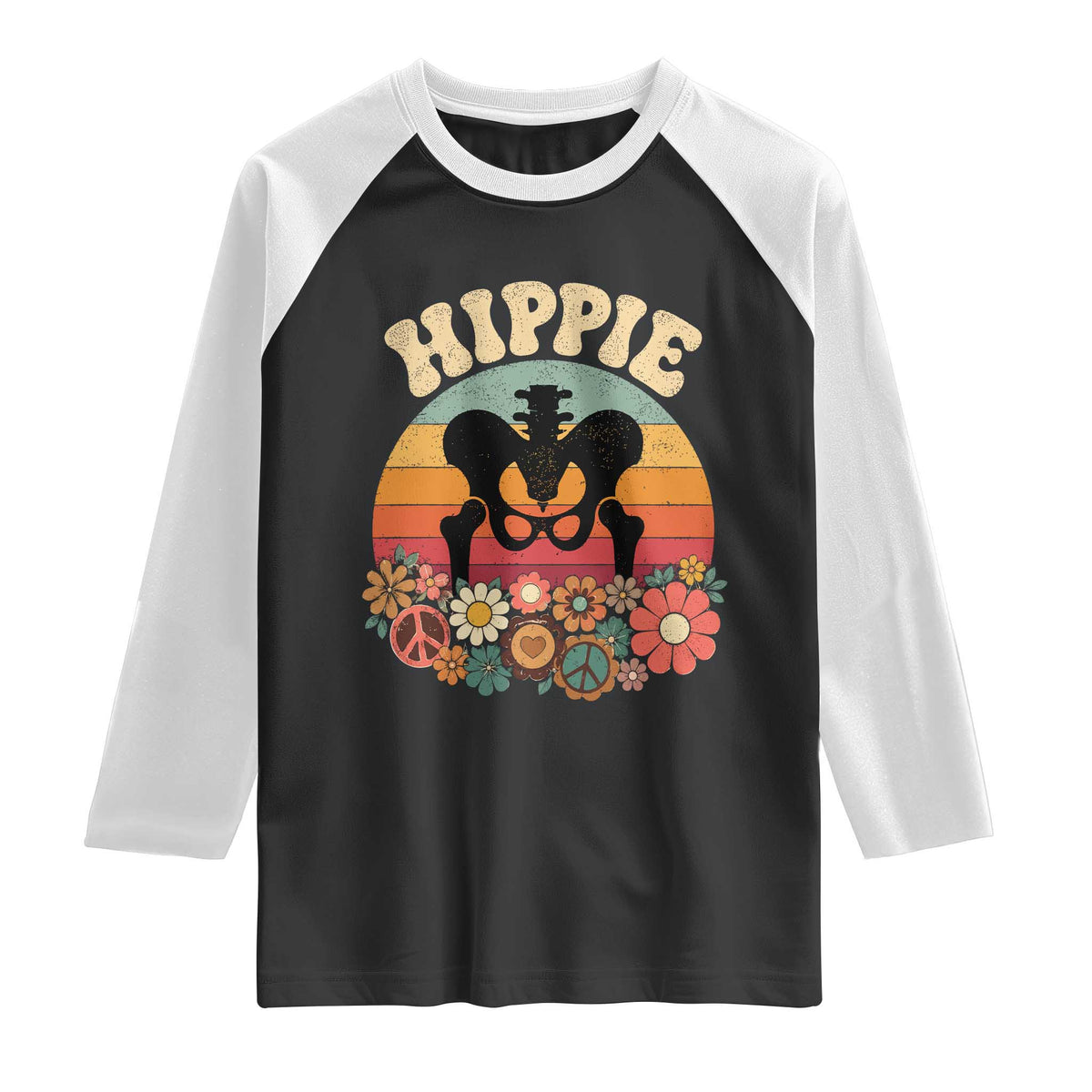 Hip Replacement Recovery Raglan Shirt Hippie 70s Retro Sunset Floral Anatomy Graphic