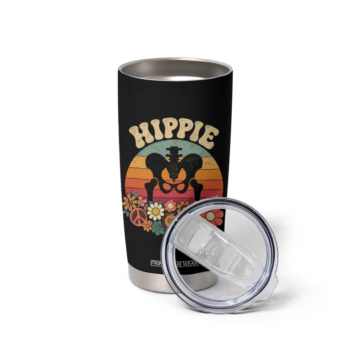 Hip Replacement Recovery Tumbler Cup Hippie 70s Retro Sunset Floral Anatomy Graphic