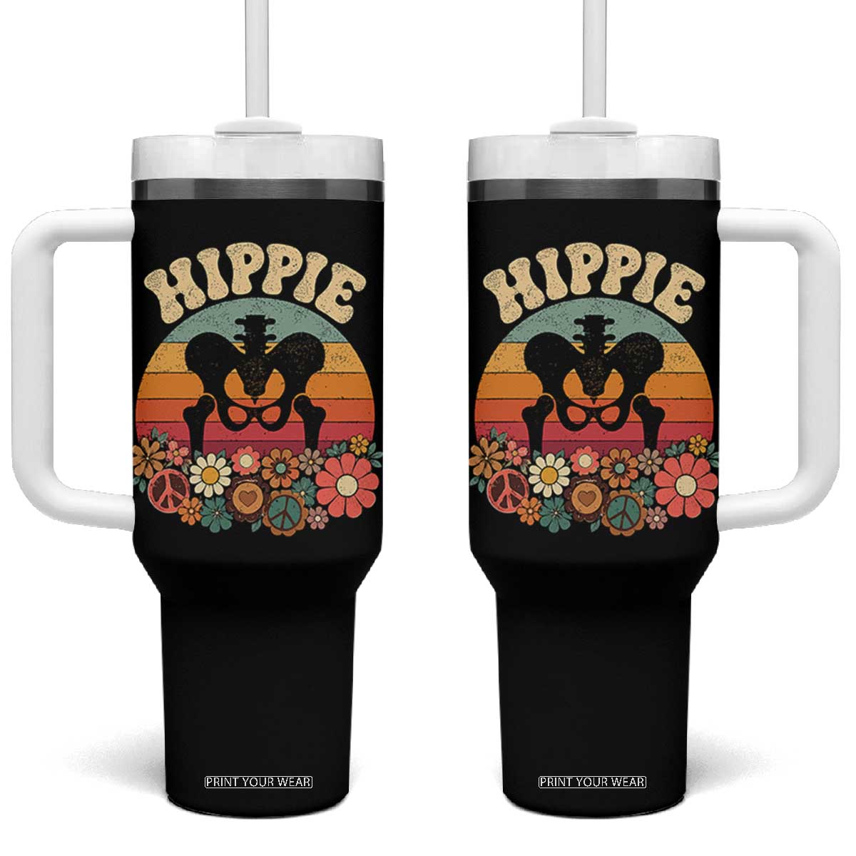 Hip Replacement Recovery Tumbler With Handle Hippie 70s Retro Sunset Floral Anatomy Graphic TS10 One Size: 40 oz Black Print Your Wear
