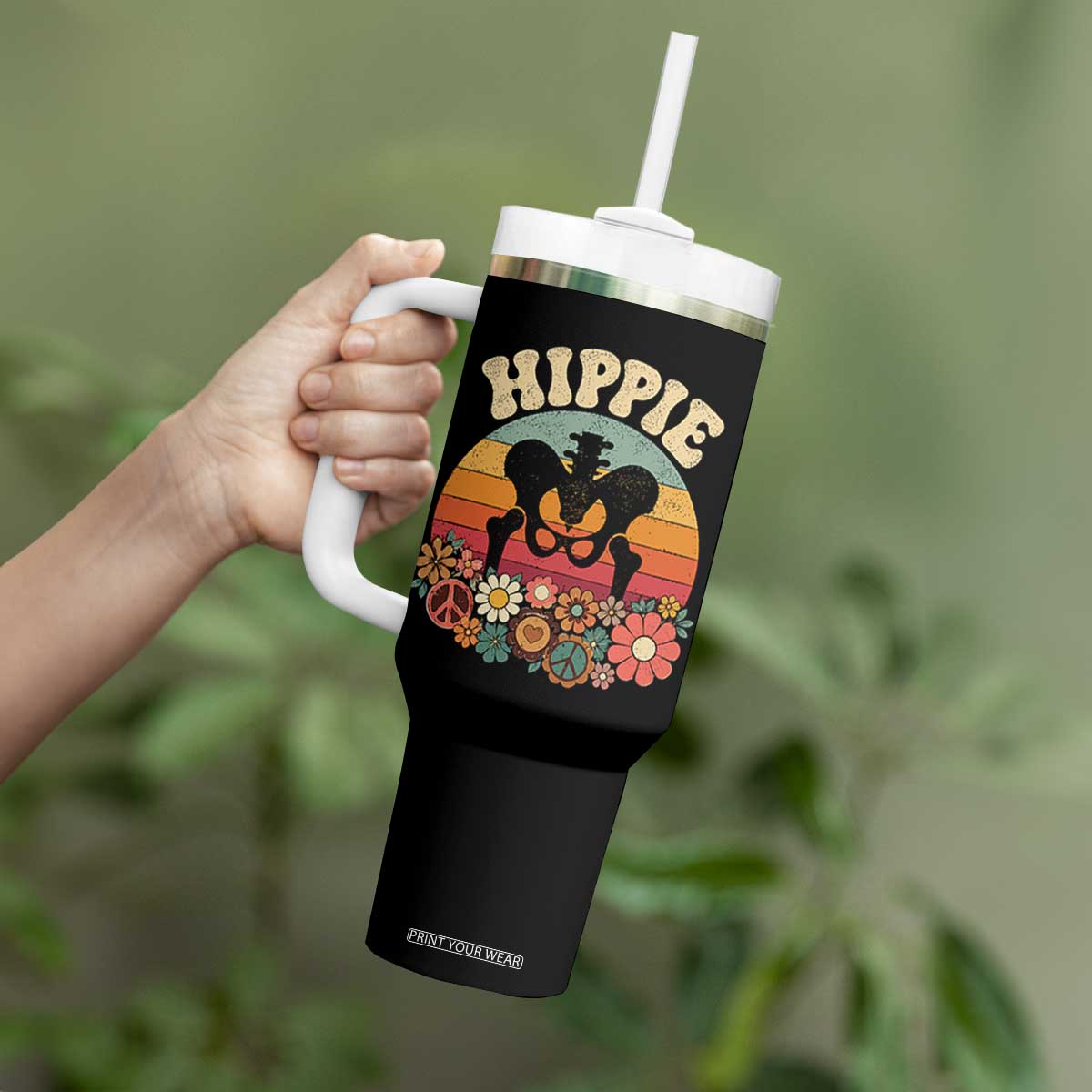 Hip Replacement Recovery Tumbler With Handle Hippie 70s Retro Sunset Floral Anatomy Graphic