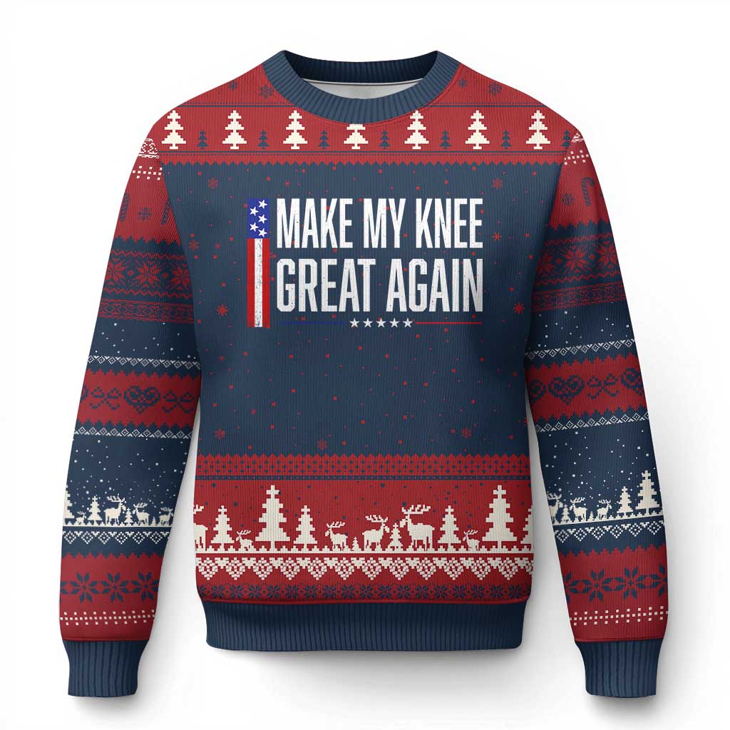 Make My Knee Great Again Funny Broken Knee Surgery Recovery Ugly Christmas Sweater Vintage USA Flag Patriotic TS10 Navy Red Print Your Wear