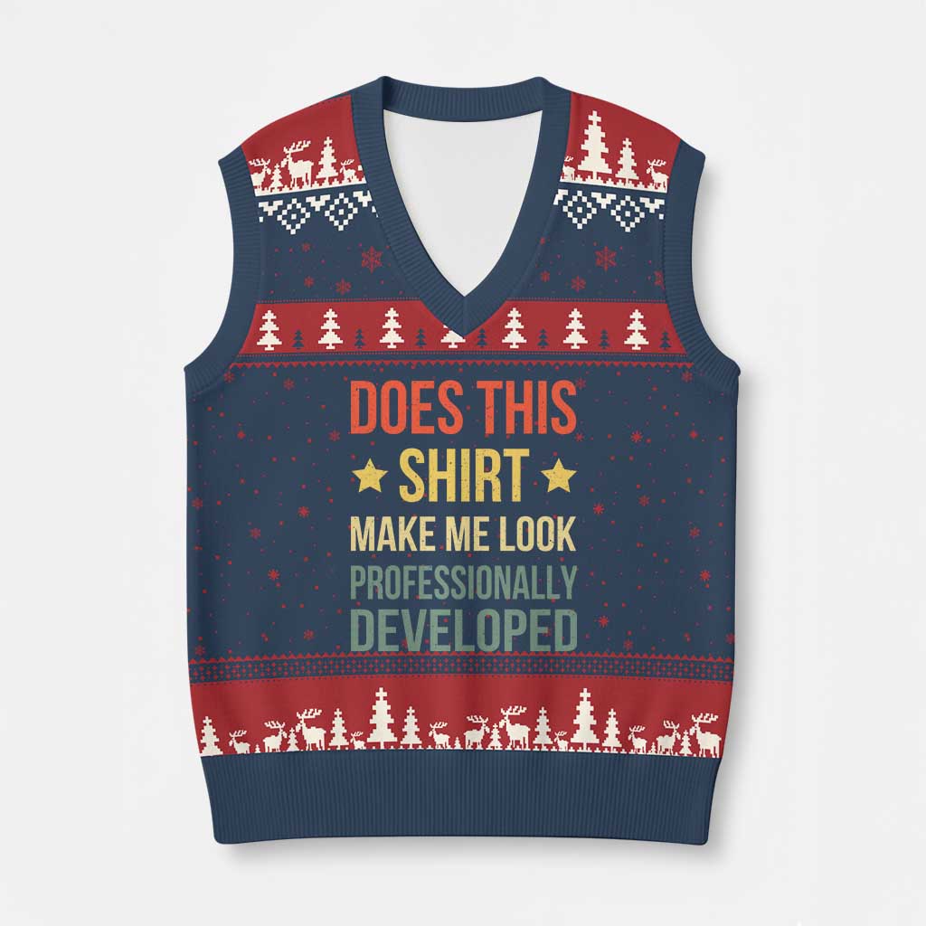 Does This Shirt Make Me Look Professionally Developed Vintage Graphic V-Neck Knit Sweater Vest TS10 Navy Red Print Your Wear