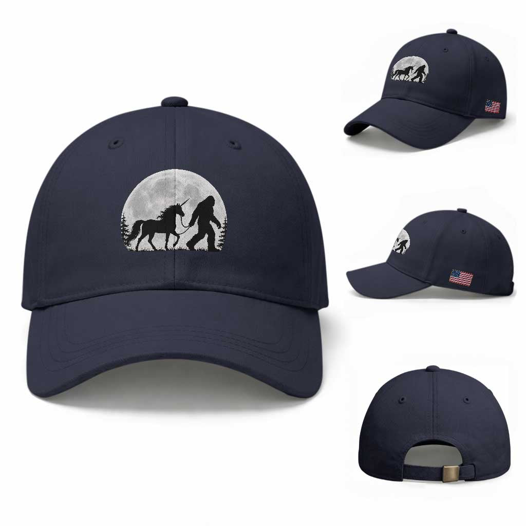 Bigfoot Walking Unicorn Baseball Cap Full Moon Sasquatch Fantasy Forest Silhouette TS10 Baseball Cap Universal Fit Navy Print Your Wear
