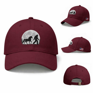 Bigfoot Walking Unicorn Baseball Cap Full Moon Sasquatch Fantasy Forest Silhouette TS10 Baseball Cap Universal Fit Maroon Print Your Wear