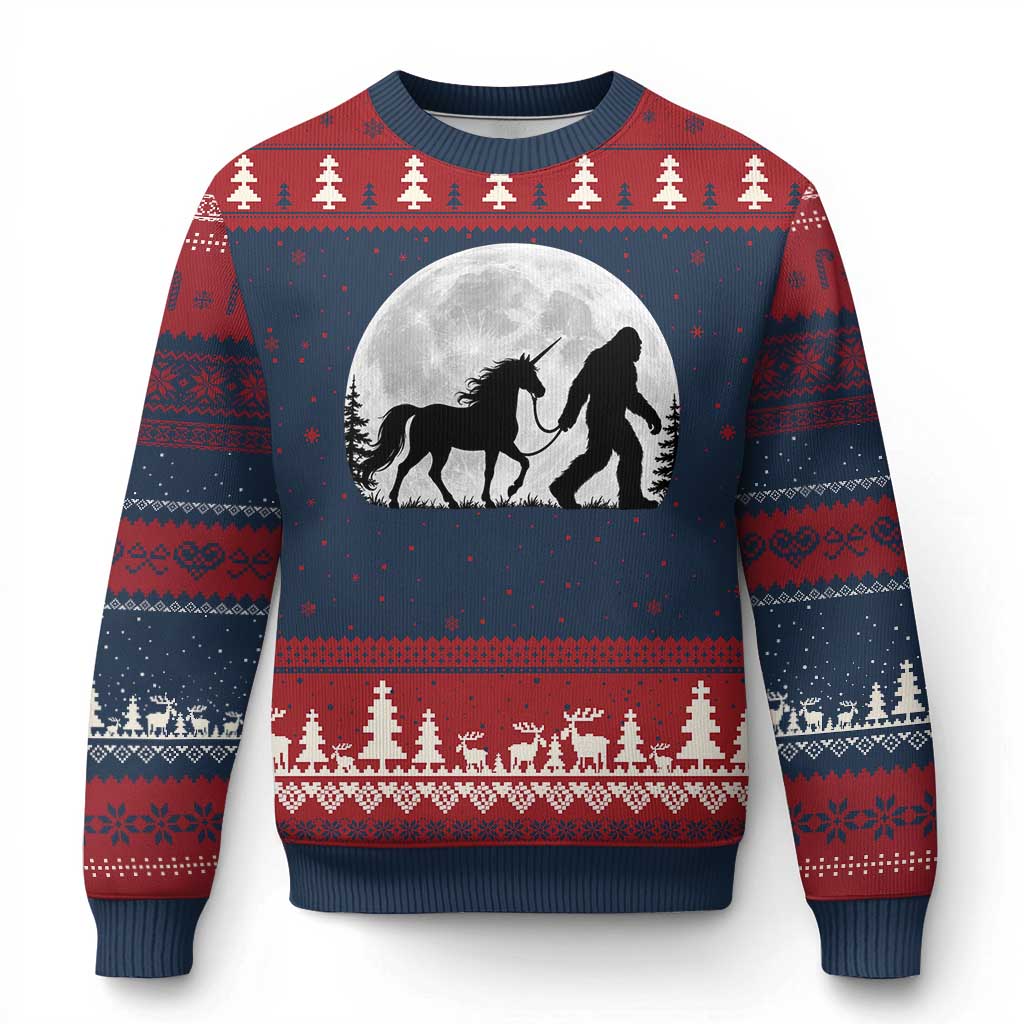 Bigfoot Walking Unicorn Ugly Christmas Sweater Full Moon Sasquatch Fantasy Forest Silhouette TS10 Navy Red Print Your Wear
