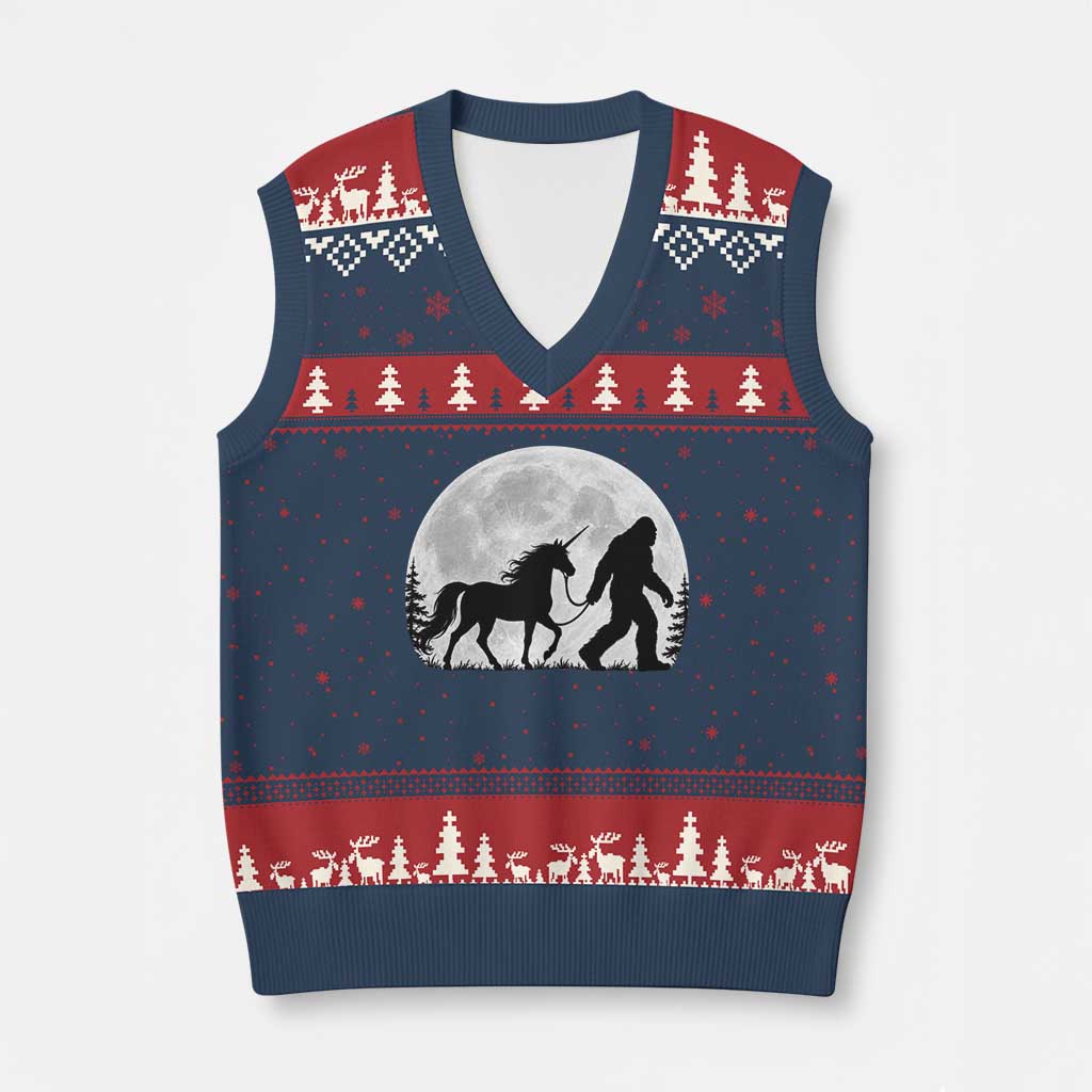 Bigfoot Walking Unicorn V-Neck Knit Sweater Vest Full Moon Sasquatch Fantasy Forest Silhouette TS10 Navy Red Print Your Wear