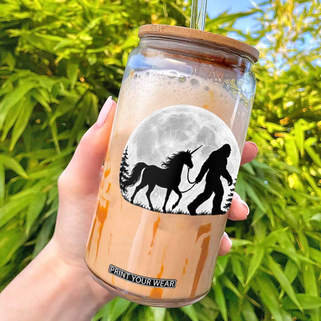 Bigfoot Walking Unicorn Glass Can Full Moon Sasquatch Fantasy Forest Silhouette TS10 Black Print Your Wear