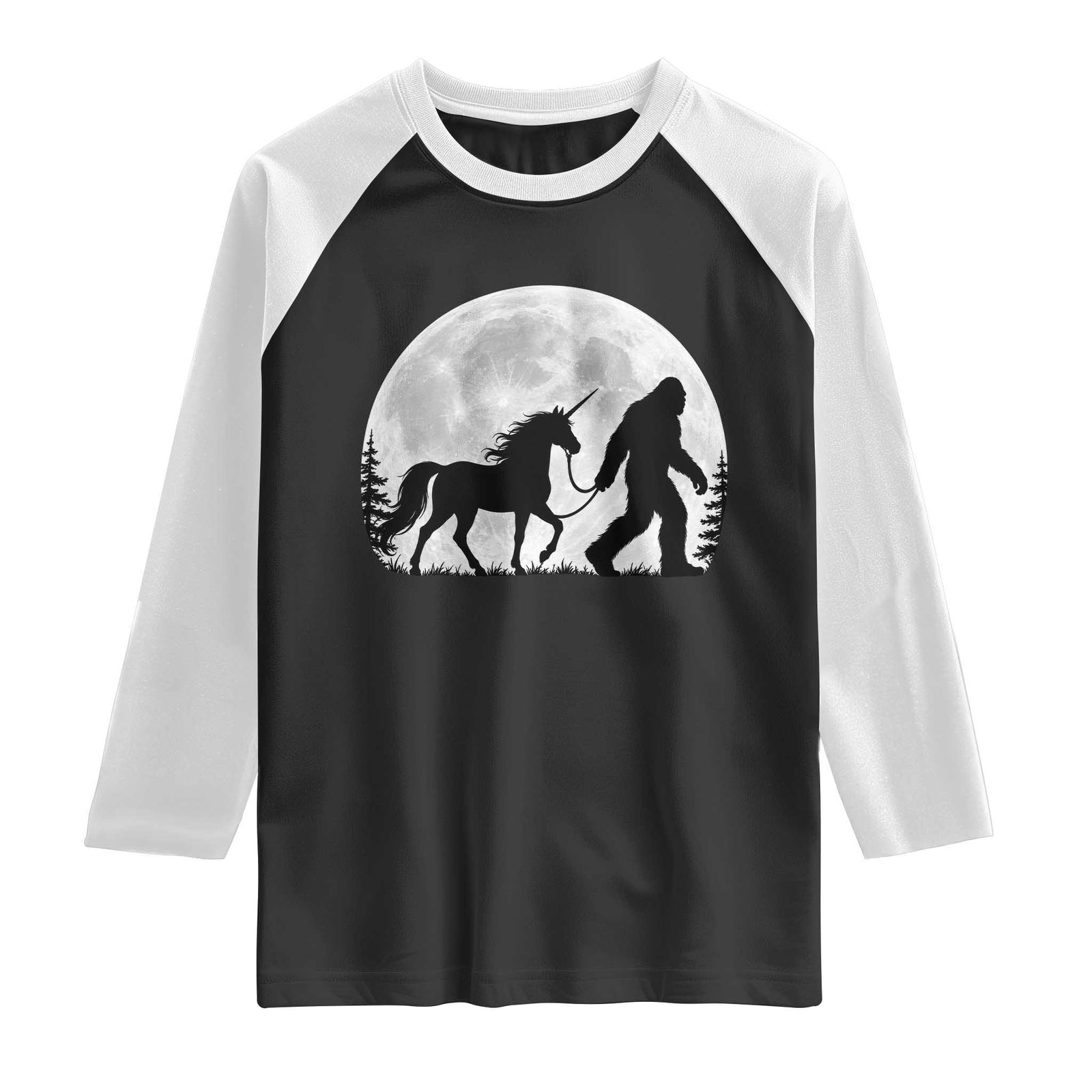 Bigfoot Walking Unicorn Raglan Shirt Full Moon Sasquatch Fantasy Forest Silhouette TS10 Black White Print Your Wear