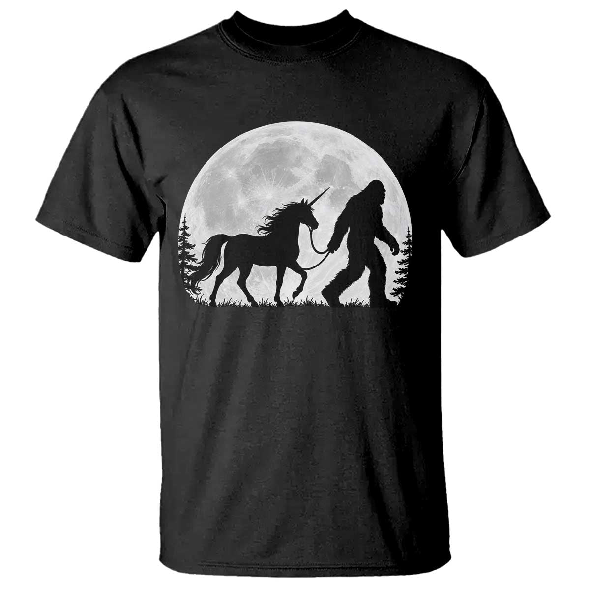 Bigfoot Walking Unicorn T Shirt Full Moon Sasquatch Fantasy Forest Silhouette TS10 Black Print Your Wear