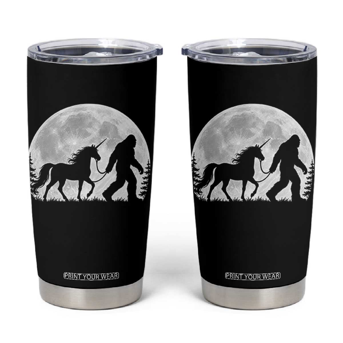 Bigfoot Walking Unicorn Tumbler Cup Full Moon Sasquatch Fantasy Forest Silhouette TS10 Black Print Your Wear