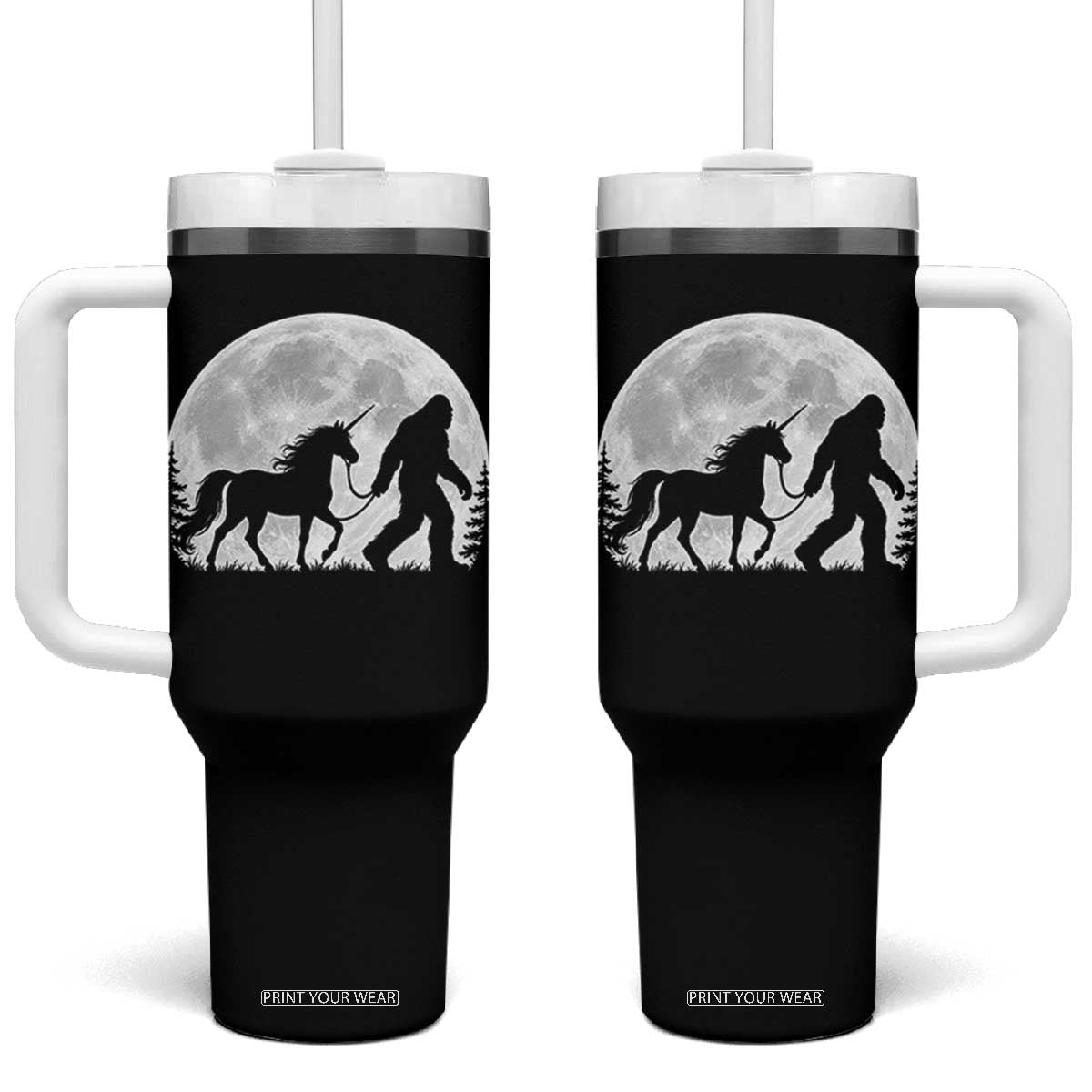 Bigfoot Walking Unicorn Tumbler With Handle Full Moon Sasquatch Fantasy Forest Silhouette TS10 One Size: 40 oz Black Print Your Wear