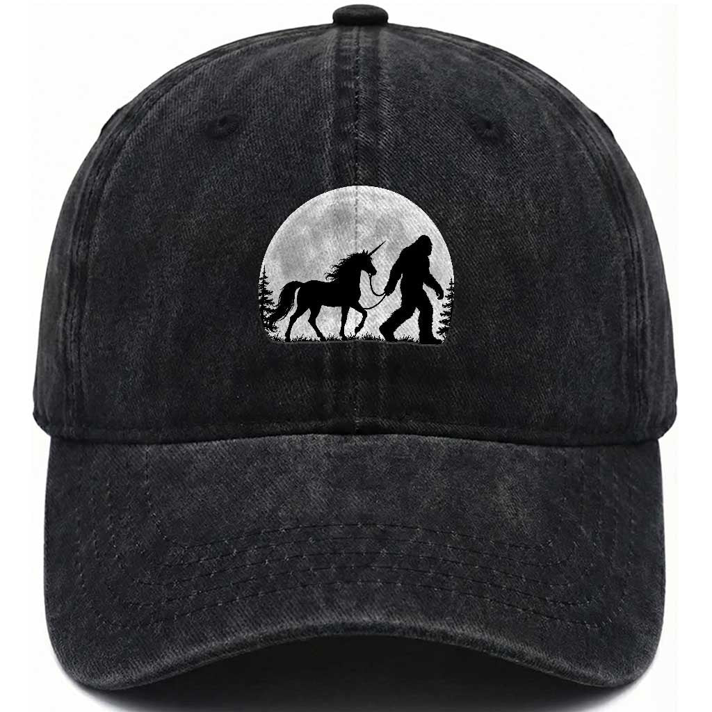 Bigfoot Walking Unicorn Washed Cotton Baseball Cap Full Moon Sasquatch Fantasy Forest Silhouette TS10 Print Your Wear
