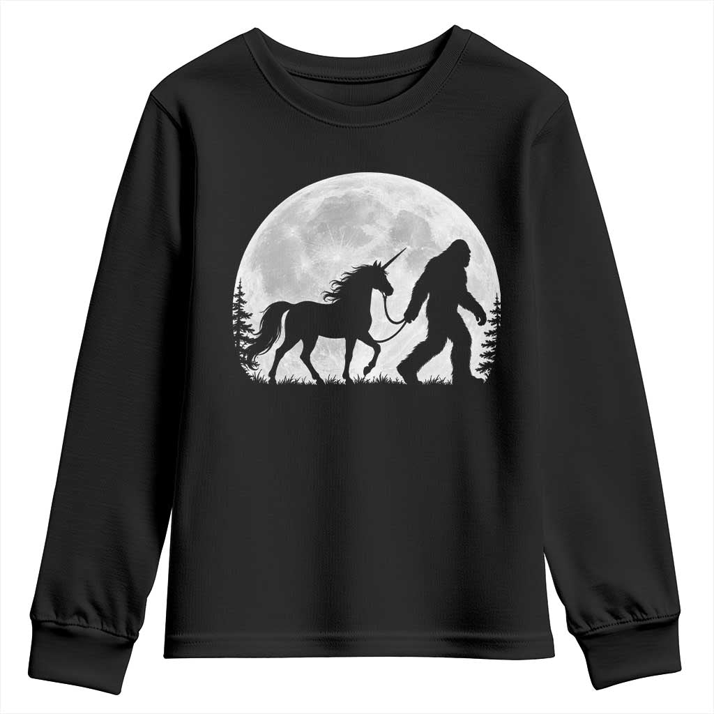 Bigfoot Walking Unicorn Youth Sweatshirt Full Moon Sasquatch Fantasy Forest Silhouette TS10 Black Print Your Wear