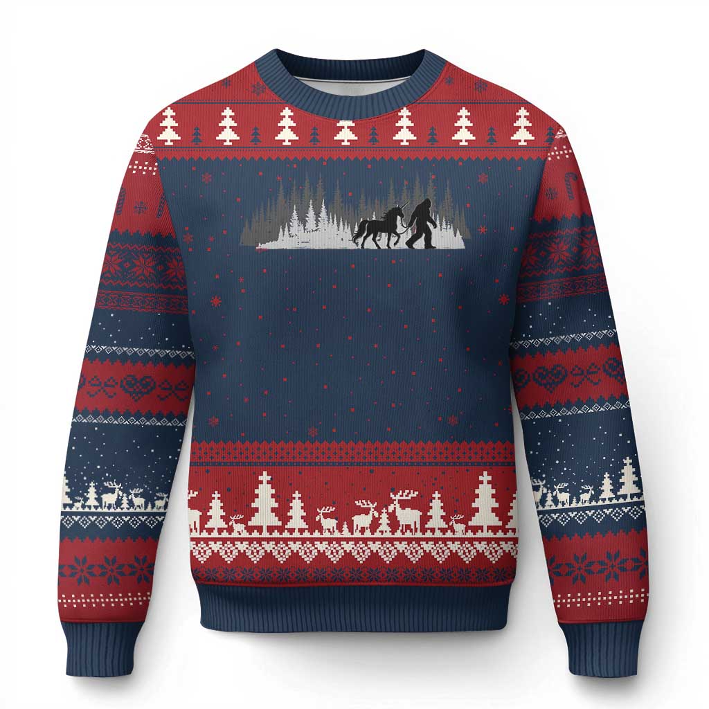Bigfoot Walking Unicorn Ugly Christmas Sweater Vintage Sasquatch Fantasy Forest Silhouette TS10 Navy Red Print Your Wear