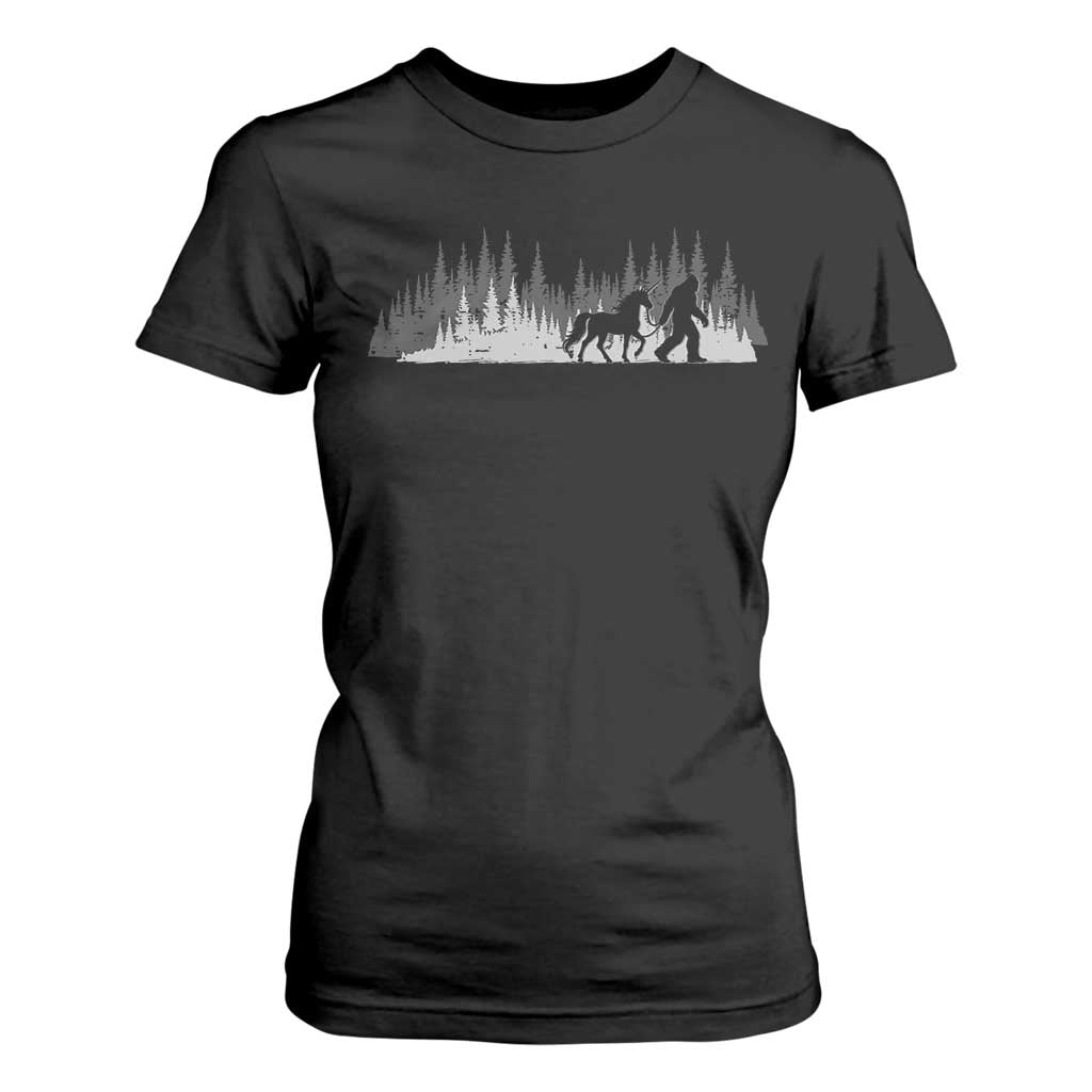 Bigfoot Walking Unicorn T Shirt For Women Vintage Sasquatch Fantasy Forest Silhouette TS10 Black Print Your Wear