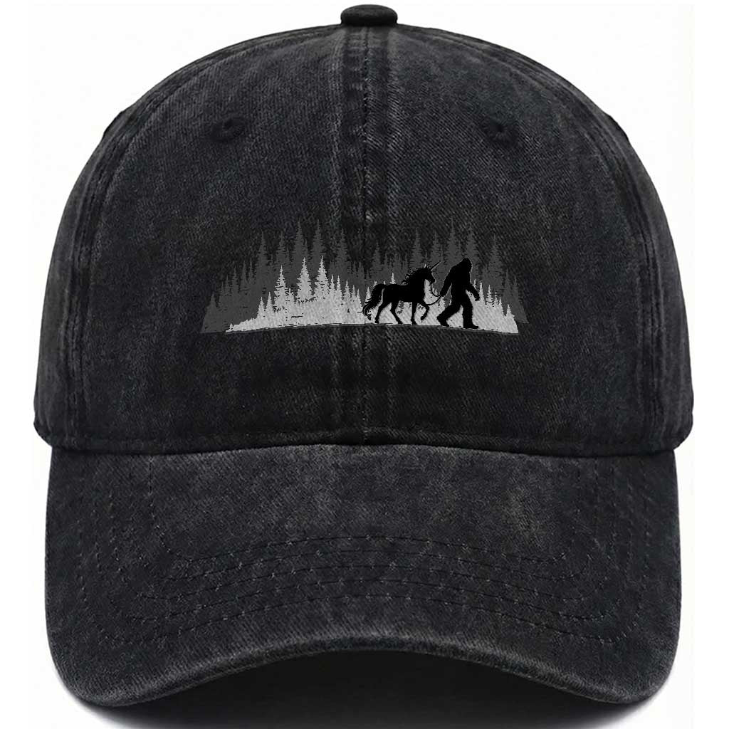Bigfoot Walking Unicorn Washed Cotton Baseball Cap Vintage Sasquatch Fantasy Forest Silhouette TS10 Print Your Wear
