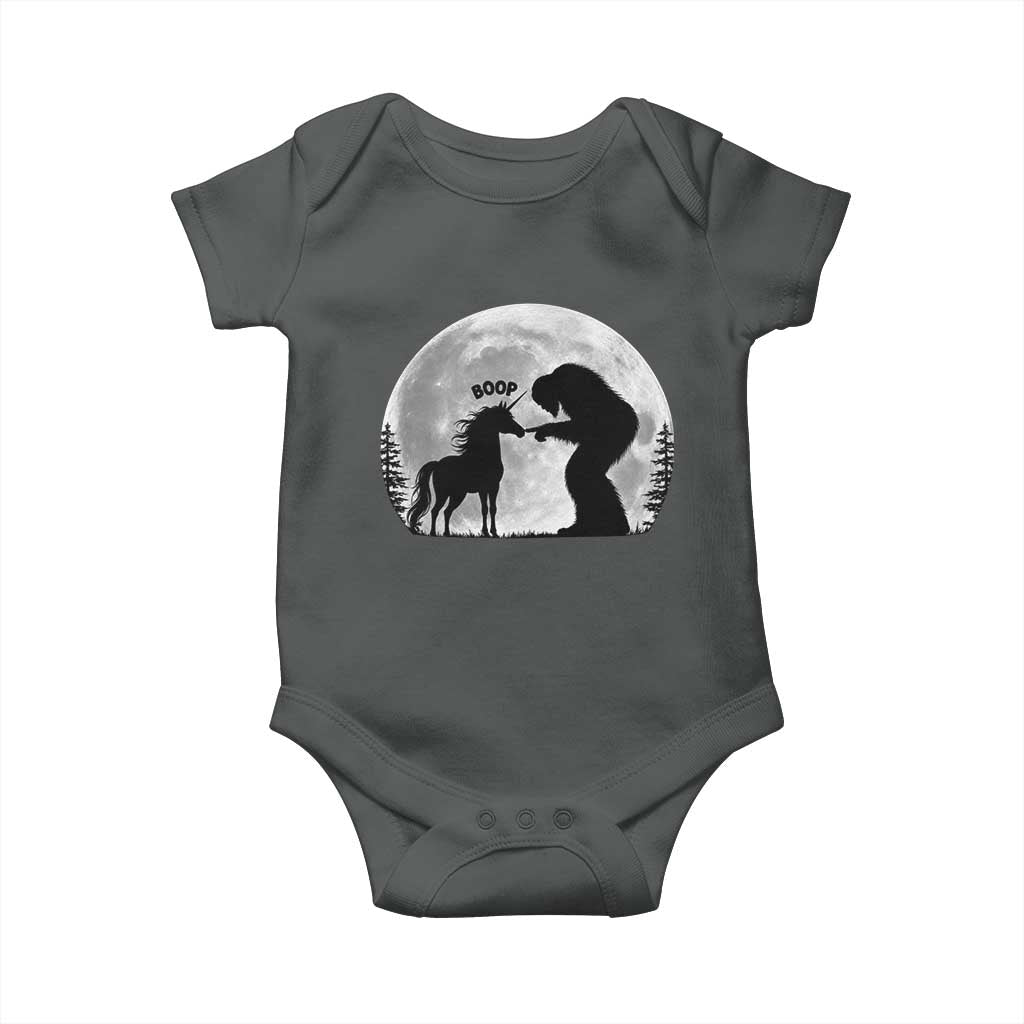 Bigfoot Boop Unicorn Baby Onesie Funny Sasquatch Full Moon Fantasy Forest Silhouette TS10 Dark Heather Print Your Wear