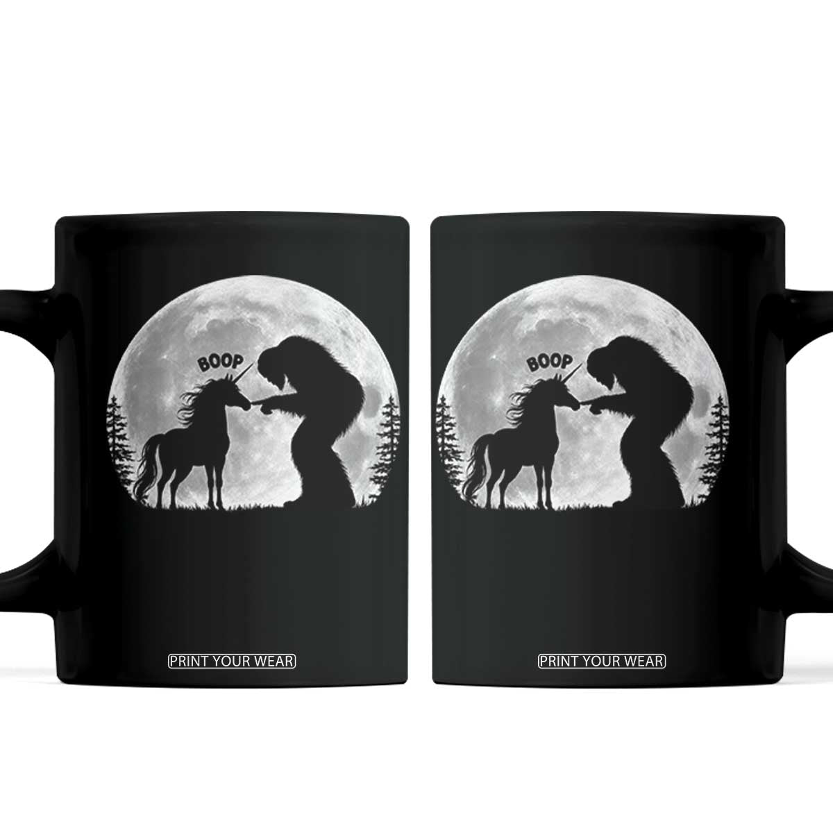 Bigfoot Boop Unicorn Coffee Mug Funny Sasquatch Full Moon Fantasy Forest Silhouette TS10 Black Print Your Wear