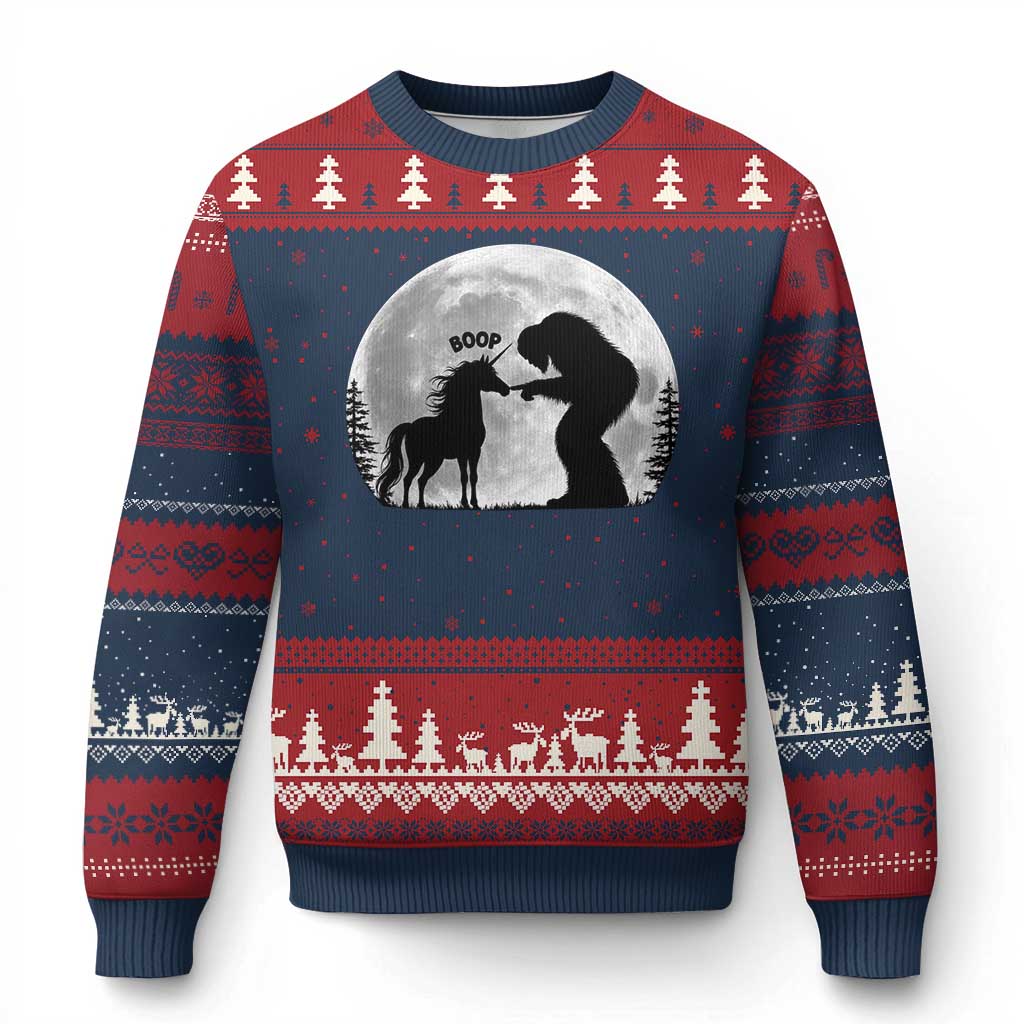Bigfoot Boop Unicorn Ugly Christmas Sweater Funny Sasquatch Full Moon Fantasy Forest Silhouette TS10 Navy Red Print Your Wear