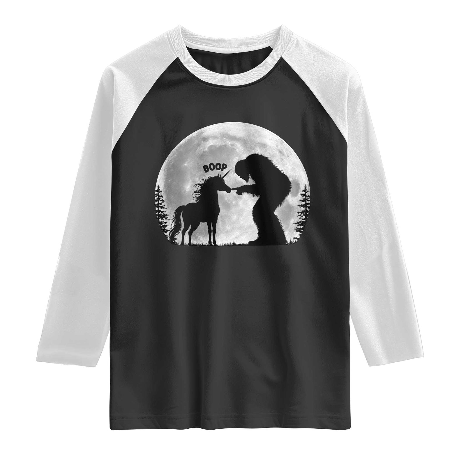 Bigfoot Boop Unicorn Raglan Shirt Funny Sasquatch Full Moon Fantasy Forest Silhouette TS10 Black White Print Your Wear