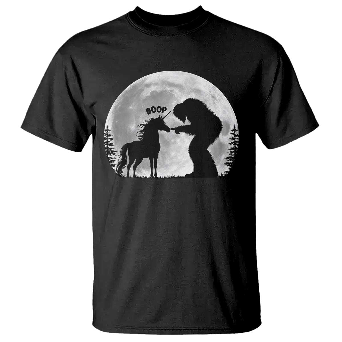 Bigfoot Boop Unicorn T Shirt Funny Sasquatch Full Moon Fantasy Forest Silhouette TS10 Black Print Your Wear