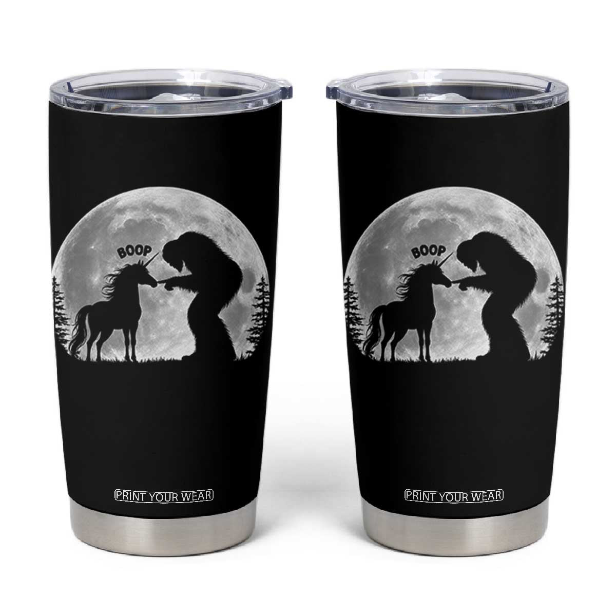 Bigfoot Boop Unicorn Tumbler Cup Funny Sasquatch Full Moon Fantasy Forest Silhouette TS10 Black Print Your Wear