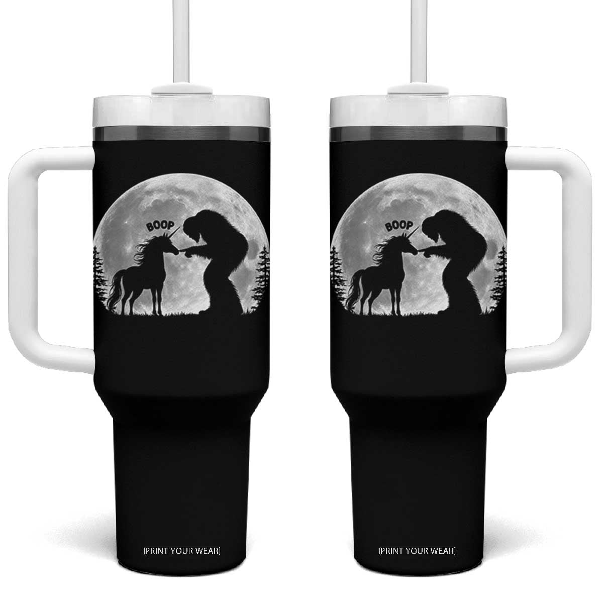 Bigfoot Boop Unicorn Tumbler With Handle Funny Sasquatch Full Moon Fantasy Forest Silhouette TS10 One Size: 40 oz Black Print Your Wear
