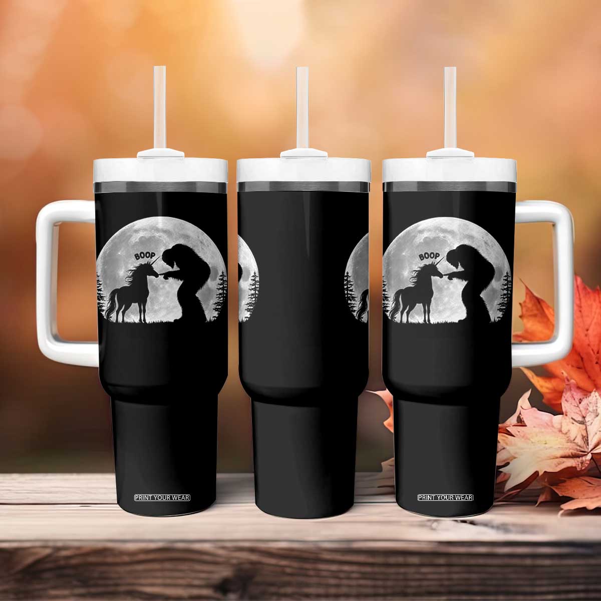 Bigfoot Boop Unicorn Tumbler With Handle Funny Sasquatch Full Moon Fantasy Forest Silhouette TS10 Print Your Wear